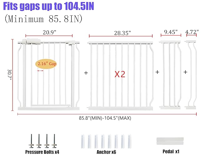 Extra Wide Baby Gate 85.8-104.5 Inch, Pressure Mounted No Drilling, for Stairs &amp; Doorways, Metal White Indoor Safety Gate for Kids and Dogs