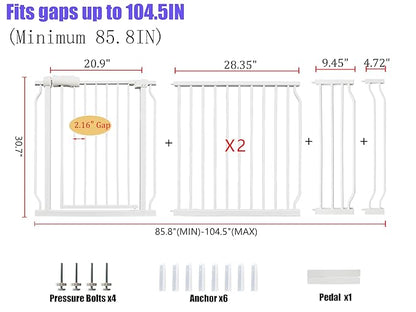 Extra Wide Baby Gate 85.8-104.5 Inch, Pressure Mounted No Drilling, for Stairs &amp; Doorways, Metal White Indoor Safety Gate for Kids and Dogs