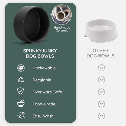 SPUNKYJUNKY Ceramic Dog and Cat Bowl Set with Wooden Stand, Modern Cute Weighted Food Water Set for Small Size Dogs (13.5OZ) &amp; Medium Sized Dogs (28.7OZ) &amp; Cats (1.7 Cups, 2 × Black)