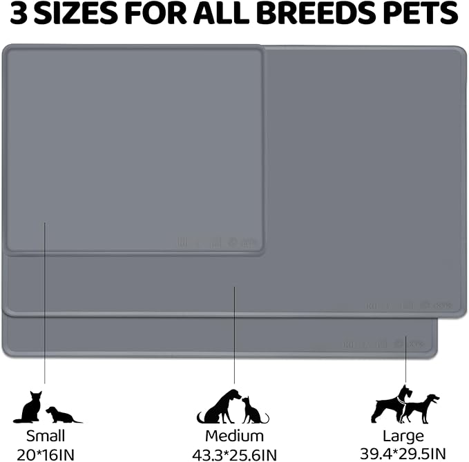 KVK Dog Water Mat 2-Pack 20×16in - Silicone Dog Mats for Food and Water, Non-Slip Pet Feeding Mat for Floors, Waterproof Cat Bowl Mats to Prevent Spills - Silver Gray &amp; Cream