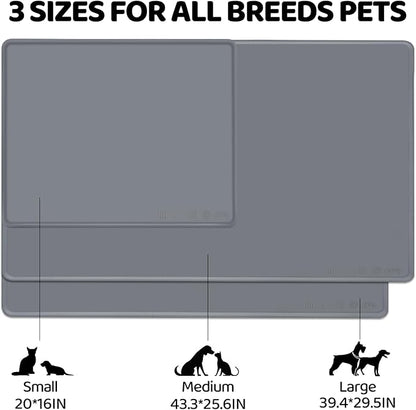 KVK Dog Water Mat 2-Pack 20×16in - Silicone Dog Mats for Food and Water, Non-Slip Pet Feeding Mat for Floors, Waterproof Cat Bowl Mats to Prevent Spills - Silver Gray &amp; Cream