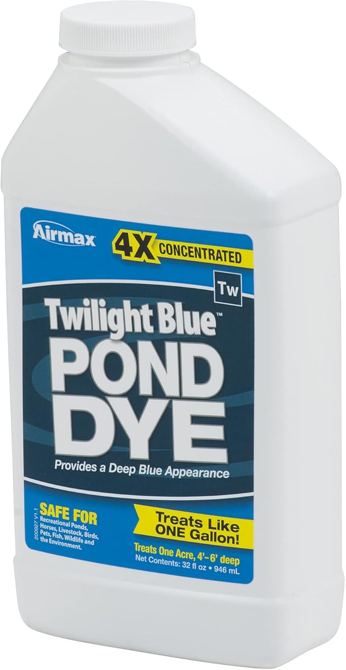 Airmax Twilight Blue Pond Dye 4X Concentrate for Outdoor Ponds &amp; Lakes, Natural Pond Colorant &amp; Beauty Enhancer, Block Ultraviolet Rays, Fish, Bird &amp; Livestock Safe, Easy Liquid Application,1 Quart