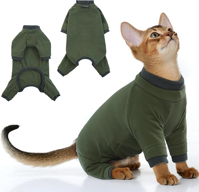 PUMYPOREITY Sticky Cat Clothes - Soft Cat Sweaters &amp; Pajamas for Recovery &amp; Hair Loss Prevention, Green, XS