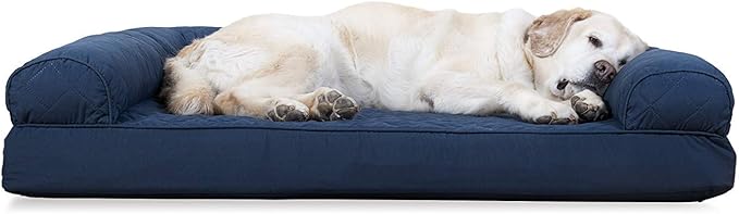Furhaven Cooling Gel Dog Bed for Large Dogs w/ Removable Bolsters &amp; Washable Cover, For Dogs Up to 95 lbs - Quilted Sofa - Navy (Blue), Jumbo/XL