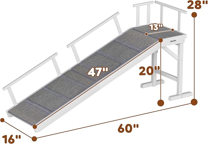 Onelike Wooden Dog Ramp for Bed with Removable Side Rail and Non-Slip Carpet, Stable Pet Ramp Stair for Couch Sofa for Small &amp; Large &amp; Senior Dogs, 60" Long Ramp White