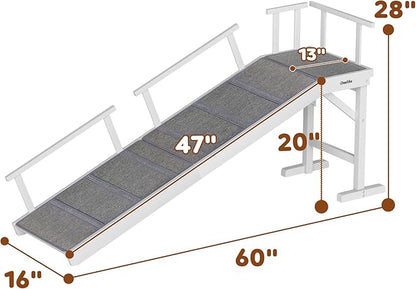 Onelike Wooden Dog Ramp for Bed with Removable Side Rail and Non-Slip Carpet, Stable Pet Ramp Stair for Couch Sofa for Small &amp; Large &amp; Senior Dogs, 60" Long Ramp White