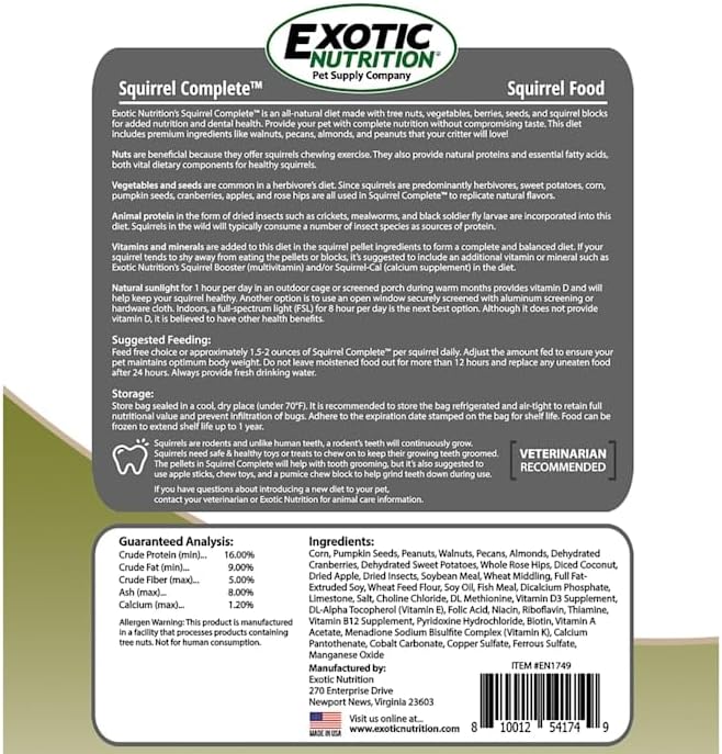 Squirrel Complete (1.75 lb.) - Healthy Natural Food - Nutritionally Complete Diet for Pet &amp; Captive Squirrels - Ground, Grey, and Flying Squirrels, &amp; Chipmunks