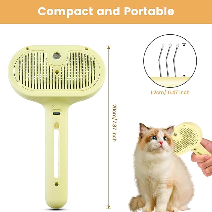 3 in 1 Cat Steam Brush, Pet Spray Hair Removal Comb for Shedding &amp; Grooming, Water Brush for Cats Dogs Small Animals Long Short Haired with One-Click Release Button(Yellow)