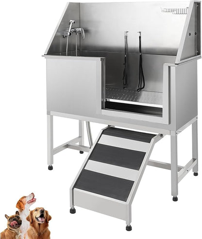 Stainless Steel Dog Washing Station - Dog Bath Tub for Large, Medium, Small Dogs, Pet Grooming Tub with Ramp, Non-Slip Grate, Shower, Soap Box, Faucet, Drain for Home &amp; Outdoor （Right RAMP, 60"）