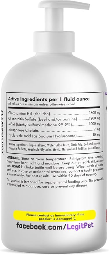 Liquid Glucosamine for Dogs Bacon Flavour with Chondroitin, MSM &amp; Hyaluronic Acid K9 Supplement Hip and Joint Formula Advanced Mobility Joint Pain Relief Senior Advanced Supplement for All Breeds