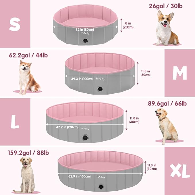 Furrybaby Dog Pool, Kiddie Pool with Hard Plate Collapsible Pet Bath Foldable Swimming Pet Pool Portable Pink 39&