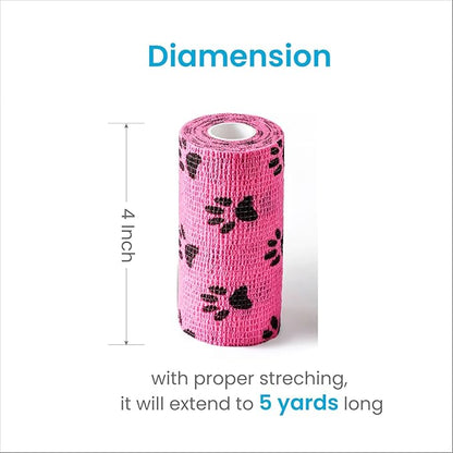 WePet Pet Wrap, Self-Adhesive, Only Sticks to Itself, Non-Woven Tape for Dog Legs, Paws, Wounds, First Aid Cohesive Gauze for Horse, Cat, Bird, Animal, 6 Rolls, 4 Inch, Pawprints B