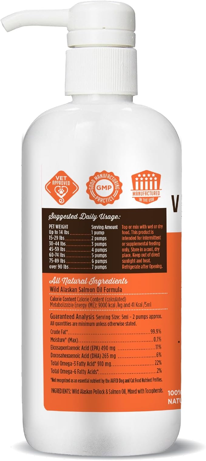 VetPro Complete Wild Alaskan Salmon Oil Formula Supplement for Dogs &amp; Cats, 16 Ounces, Omega 3 &amp; 6 Liquid Fish Oil, EPA + DHA Fatty Acids, Coat &amp; Joint Support, Helps Dry Skin &amp; Allergies, Add to Food