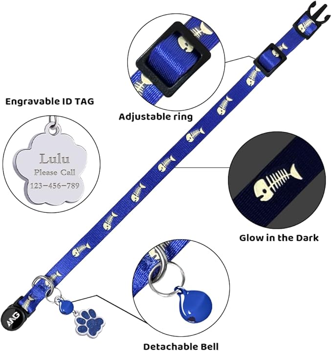 Personalized Breakaway Cat Collars Glow-in-The-Dark with ID Tag, Bell - Safety Quick - Release, Customizable for Female Male Kittens &amp; Cats (Navy)
