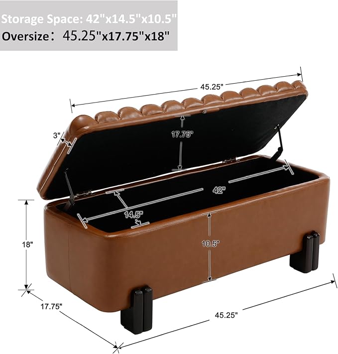 Kmax 45" Storage Bench PU Leather Entryway Bench Upholstered Ottoman Bench with Wavy Top &amp; Safty Hinge for Bedroom Living Room Hallway, Brown
