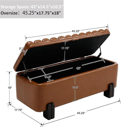 Kmax 45" Storage Bench PU Leather Entryway Bench Upholstered Ottoman Bench with Wavy Top &amp; Safty Hinge for Bedroom Living Room Hallway, Brown