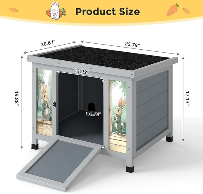 COZIWOW 24in Wooden Cat House Outdoor &amp; Indoor Pet Shelter with Foldable Ramp - Weatherproof Rabbit Hutch with Unique Machine-Printed Art Designs for Cat, Rabbit, Guinea Pig (Grey)