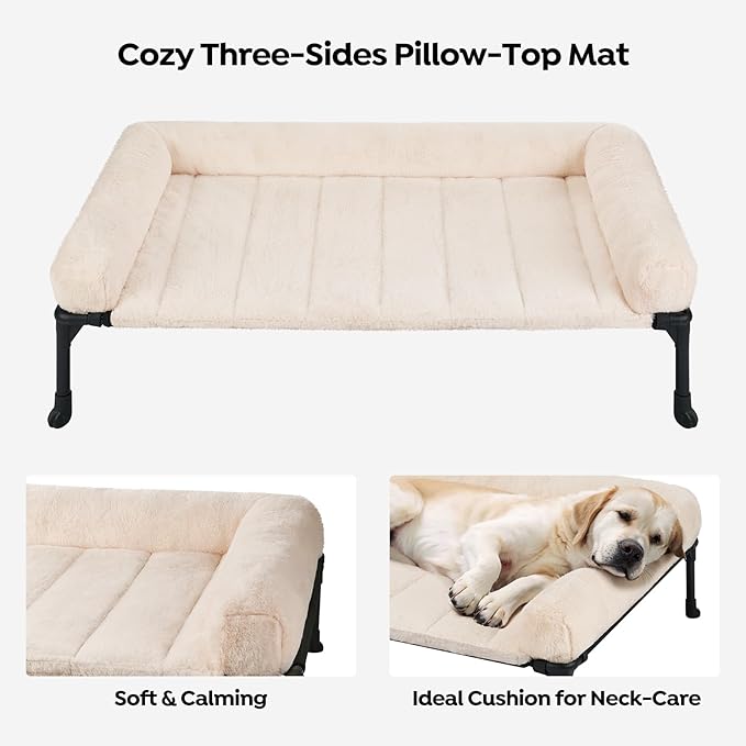 Veehoo Cooling Elevated Dog Bed + Removable Fluffy Pillow-Top Mat, Plush Dog Bed with Bolster, Breathable Mesh, No-Slip Feet, Portable Raised Dog Bed for Indoor &amp; Outdoor, 32"x25", Medium, CWC2331E