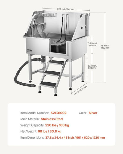 VEVOR Stainless Steel Dog Washing Station, 38 inch Pet Grooming Tub w/Storage Stairs, Faucet &amp; Showerhead &amp; Soap Holder Dog Bathtub for Medium &amp; Small Pets (Right Door)