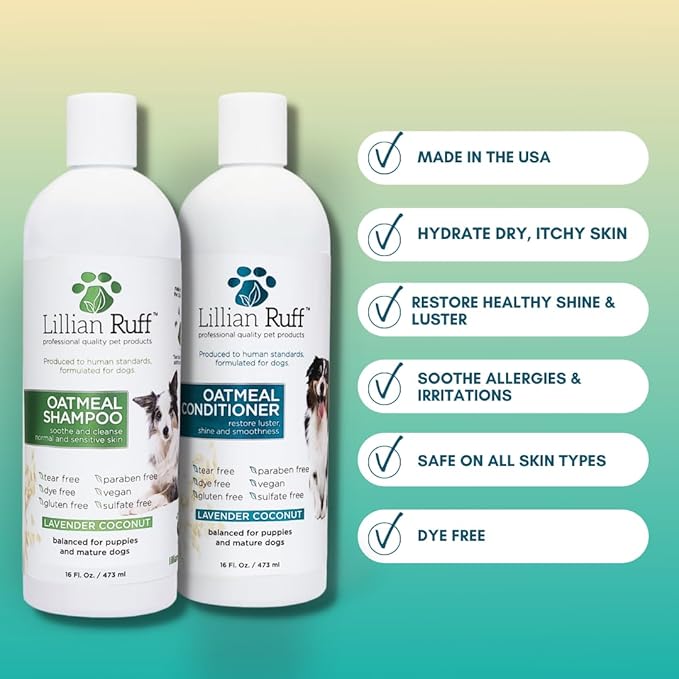 Lillian Ruff Starter Pack Gift Set for Dogs | Oatmeal Shampoo, Oatmeal Conditioner, Waterless Shampoo Citrus, Ear Cleaner &amp; Otic Wax Solvent, Breath Spray, Leash Clip Waste Bag Dispenser with 15 Bags