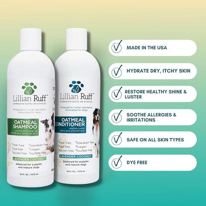 Lillian Ruff Starter Pack Gift Set for Dogs | Oatmeal Shampoo, Oatmeal Conditioner, Waterless Shampoo Citrus, Ear Cleaner &amp; Otic Wax Solvent, Breath Spray, Leash Clip Waste Bag Dispenser with 15 Bags