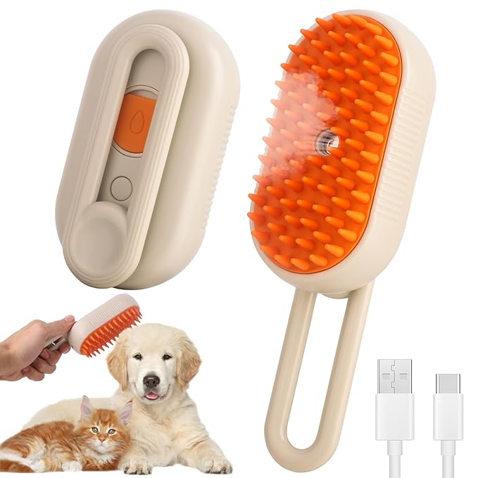 Cat Steam Brush for Shedding &amp; Deshedding - 4-in-1 USB Rechargeable Pet Hair Removal Comb with Water Tank, for Indoor Long/Short Haired Cats &amp; Dogs, Grooming Massage &amp; Cleaning (Khaki)