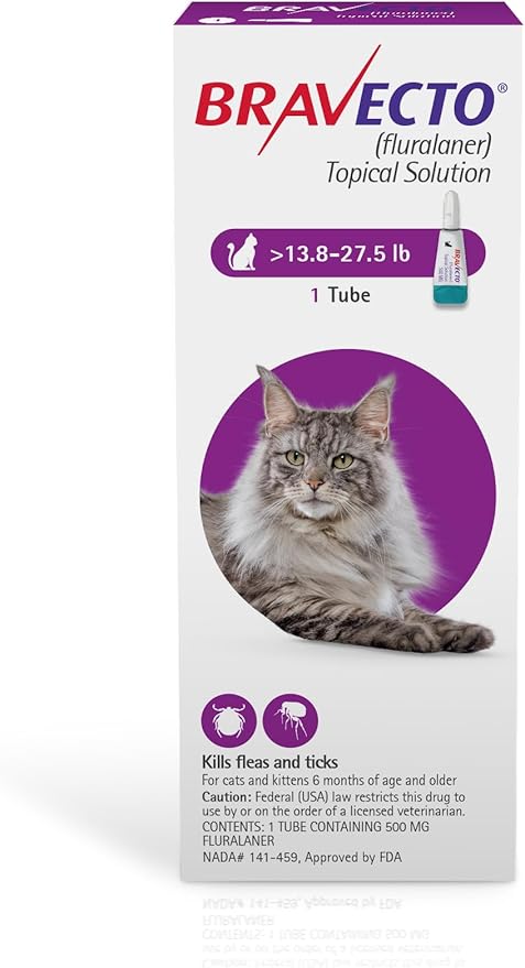 BRAVECTO Topical Solution for Cats, Flea &amp; Tick, 12 Week Supply, >13.8-27.5 lbs., Purple Box