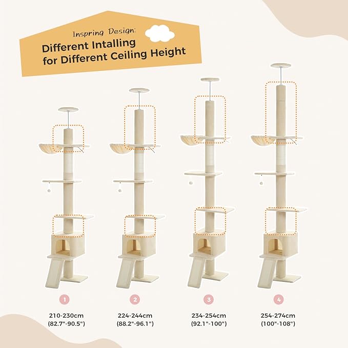 PEQULTI Floor to Ceiling Cat Tree, Tall Cat Tower, Adjustable Height (83&