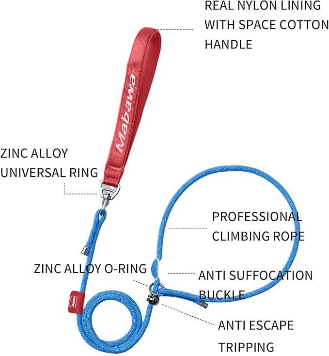 Dog Anti-Slip Leash 5FT with Metal Stopper - Durable No-Pull Training Lead for Small, Medium &amp; Large Dogs - Comfortable Handle Nylon Rope, Tangle-Free Pet Walking Leash (Blue, 5 FT)