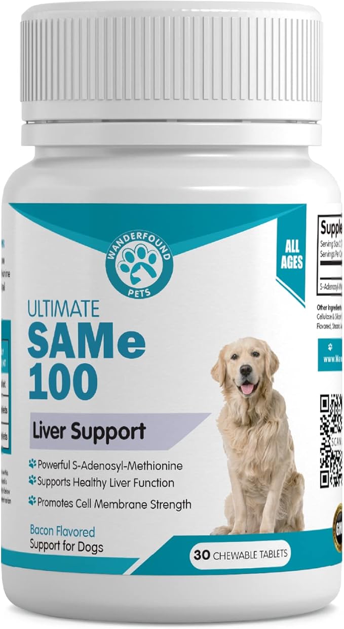 Wanderfound Pets Same 100 Liver Support for Dogs - Same S-Adenosyl-L-Methionine Hepatic Supplement for Liver &amp; Brain Support - Bacon Flavored Sam E, Manufactured in The USA - 30 Chewable Tablets