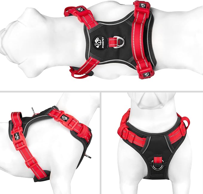 PHOEPET No Pull Dog Harness, Unique Colors Reflective Adjustable Dog Vest, with Soft Training Handle Metal Clips for Small Medium Large Dogs (Black Base &amp; Red Straps,S)