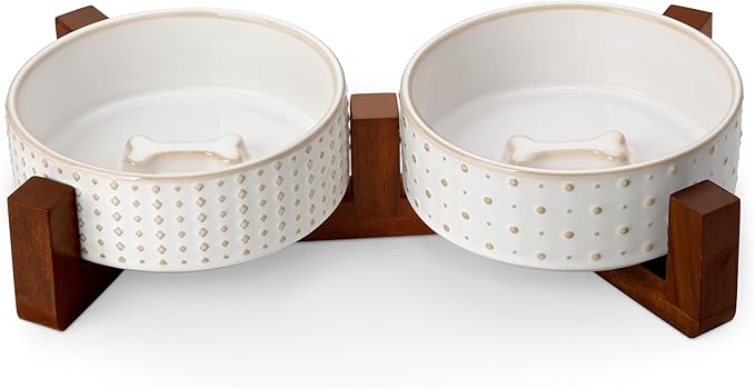 MALACASA Dog Bowl Set with Walnut Wood Stand, 1.5 Cups Ceramic Pet Bowls for Puppy Dogs, Dual Food and Water Bowls with Weighted Non-Slip Base, Basic Bowls for Your Dog or Cat, Rhombic &amp; Polka Dots