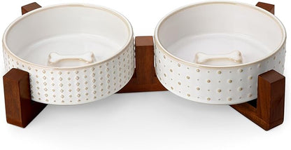 MALACASA Dog Bowl Set with Walnut Wood Stand, 1.5 Cups Ceramic Pet Bowls for Puppy Dogs, Dual Food and Water Bowls with Weighted Non-Slip Base, Basic Bowls for Your Dog or Cat, Rhombic &amp; Polka Dots