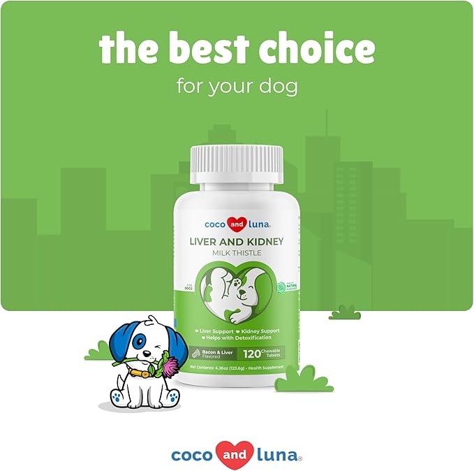 Milk Thistle for Dogs - 120 Chewable Tablets - Silymarin - Liver and Kidney Support with EPA &amp; DHA - Detox - Liver Supplement for Dogs with Choline and L-Arginine