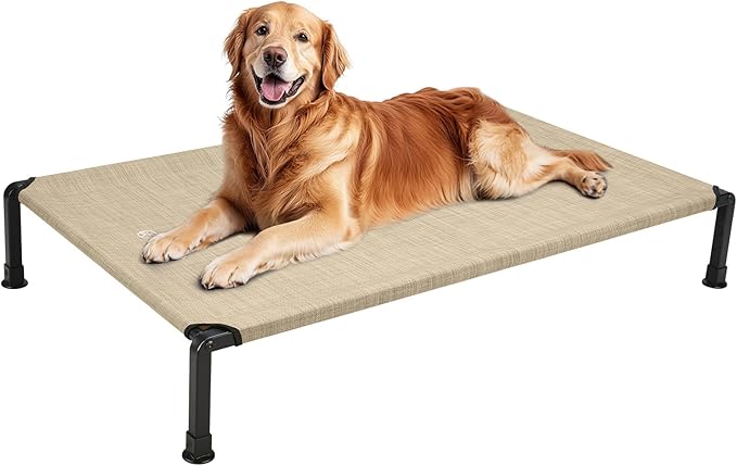 Veehoo Heavy Duty Elevated Dog Bed - Raised Bed with Washable &amp; Breathable Teslin Mesh, Non-Slip Silicon Feet, Cooling Dog Cot, Indoor/Outdoor Use, 41" x 27", Beige Coffee