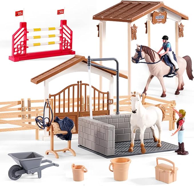 Peagrav Horse Stable Playset with Rider &amp; Horses - Toy Figures for Boys &amp; Girls, Ages 3-8