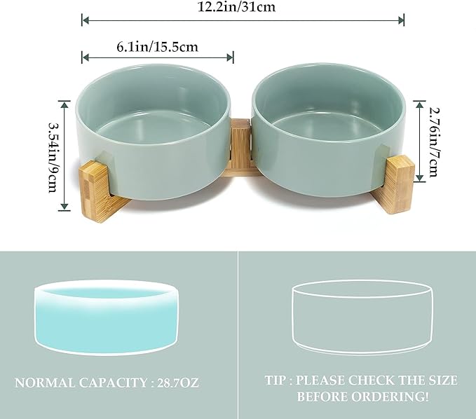 SPUNKYJUNKY Ceramic Dog and Cat Bowl Set with Wooden Stand, Modern Cute Weighted Food Water Set for Small Size Dogs (13.5OZ) &amp; Medium Sized Dogs (28.7OZ) &amp; Cats (3.6 Cups, 2 × Morandi Green)