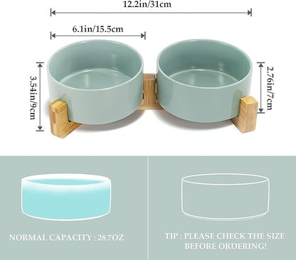 SPUNKYJUNKY Ceramic Dog and Cat Bowl Set with Wooden Stand, Modern Cute Weighted Food Water Set for Small Size Dogs (13.5OZ) &amp; Medium Sized Dogs (28.7OZ) &amp; Cats (3.6 Cups, 2 × Morandi Green)