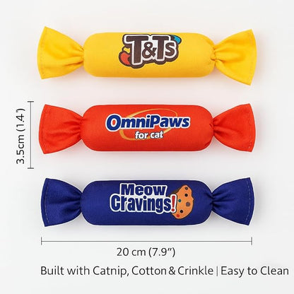 Catnip Candy Toys for Indoor Cats – 3-Pack Crinkle Cat Toys with Catnip Pouches, Durable Canvas &amp; Soft Filling, Cat Chew Toys for Kittens &amp; Adults (Yellow)