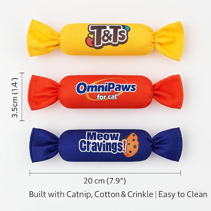 Catnip Candy Toys for Indoor Cats – 3-Pack Crinkle Cat Toys with Catnip Pouches, Durable Canvas &amp; Soft Filling, Cat Chew Toys for Kittens &amp; Adults (Mix Color)