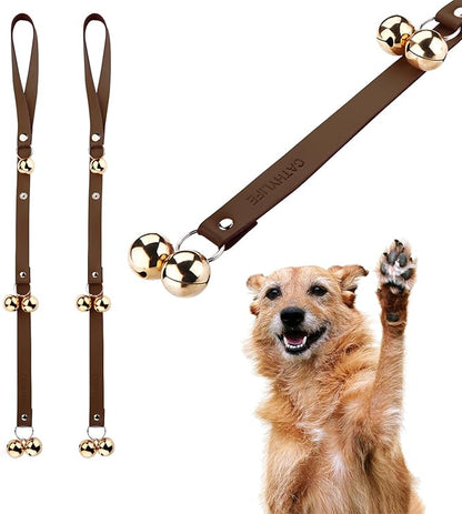 Leather Dog Doorbells for Door Knob/Potty Training/Go Outside, Length Adjustment Copper Dog Bell, Housetraining Hanging Bell, Dark Brown Leather Golden Bells - 2 Pack