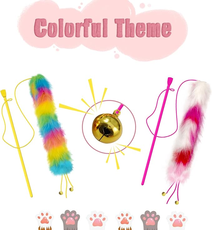 2 Pack Cat Wand Toy, Rainbow Cat Feather Toys with Bells, Teaser Wand with Soft Furry Tail, Interactive Toys for Indoor Cats &amp; Kitten &amp; Kitty