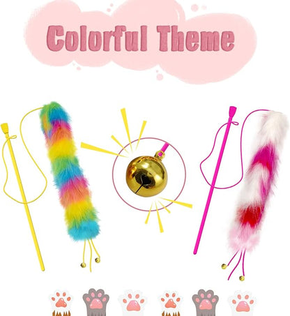 2 Pack Cat Wand Toy, Rainbow Cat Feather Toys with Bells, Teaser Wand with Soft Furry Tail, Interactive Toys for Indoor Cats &amp; Kitten &amp; Kitty