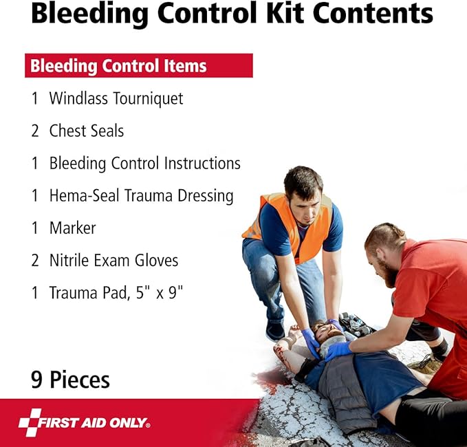 First Aid Only 91481 Critical Essentials Bleeding Control Kit for Chest &amp; Limb Wounds, 9 Pieces