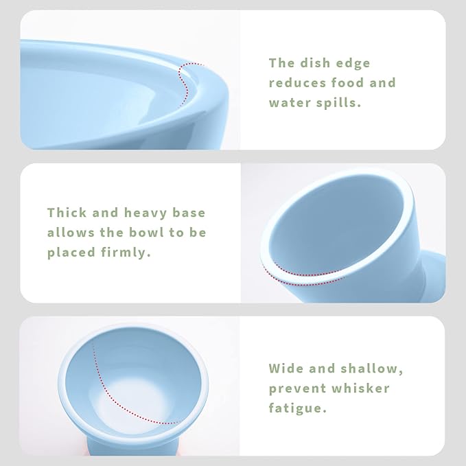 Extra Wide Elevated Ceramic Cat Food Bowl - 6.2" Shallow Dish for Whisker Fatigue Relief, 5" Height for Easy Feeding, Lead &amp; Cadmium Free, Durable Raised Cat Food Bowls, Blue