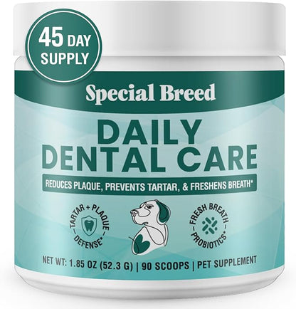Dog Teeth Cleaning Powder – Natural Dog Dental Powder for Tartar Control, Fresh Breath &amp; Gum Health – Daily Plaque Remover with Zeolite, Brown Algae, Probiotics &amp; Rosemary – 90 Scoops