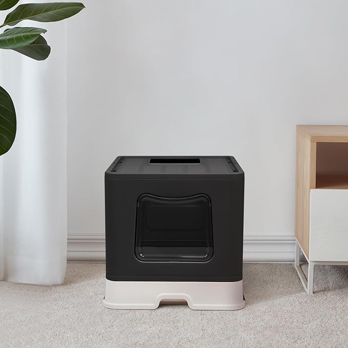 XL Foldable Cat Litter Box with Lid - Jumbo Enclosed Potty - Top Entry Anti-Splashing Toilet - Includes Scoop &amp; 2-in-1 Cleaning Brush (Black)