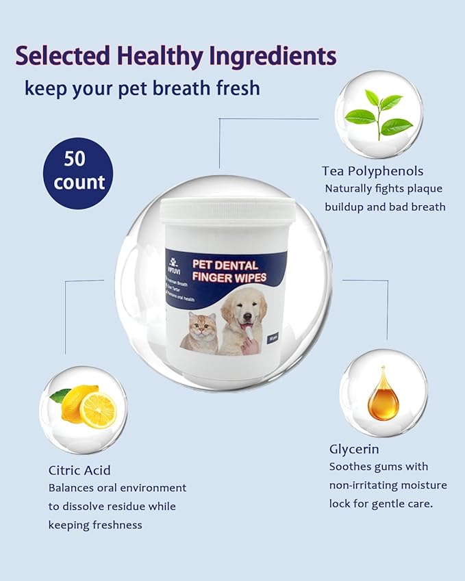Dog Dental Wipes – Pet Teeth Cleaning Finger Pads for Dogs &amp; Cats, 50 Count – Remove Plaque &amp; Tartar, Freshen Breath, Easy Oral Care, Tea Polyphenol Formula