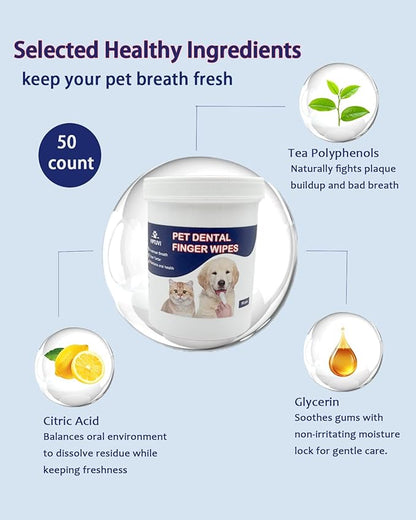 Dog Dental Wipes – Pet Teeth Cleaning Finger Pads for Dogs &amp; Cats, 50 Count – Remove Plaque &amp; Tartar, Freshen Breath, Easy Oral Care, Tea Polyphenol Formula