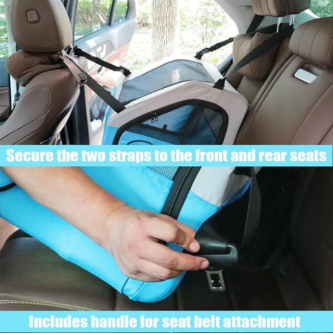 Small Portable Pet Crate for Car Travel, 19"x19"x17" Foldable Dog &amp; Cat Carrier with Secures Seatbelt &amp; Headrest Strap, Oxford Soft-Sided Pet Kennel with Removable Bed for Small Pets